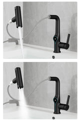 Moderne Waschbeckenarmatur mit Wasserfallfunktion, Temperaturanzeige und flexiblem Auszug