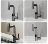 Moderne Waschbeckenarmatur mit Wasserfallfunktion, Temperaturanzeige und flexiblem Auszug
