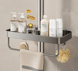 DuoOrganisator Duschablage Klebefix – Badezimmer Regal Aluminium | Ohne Bohren | Doppelregal mit Handtuchhalter
