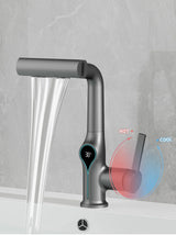 Moderne Waschbeckenarmatur mit Wasserfallfunktion, Temperaturanzeige und flexiblem Auszug
